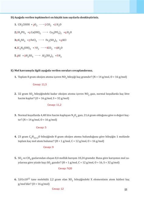10 sınıf kimya sayfa 51 cevapları